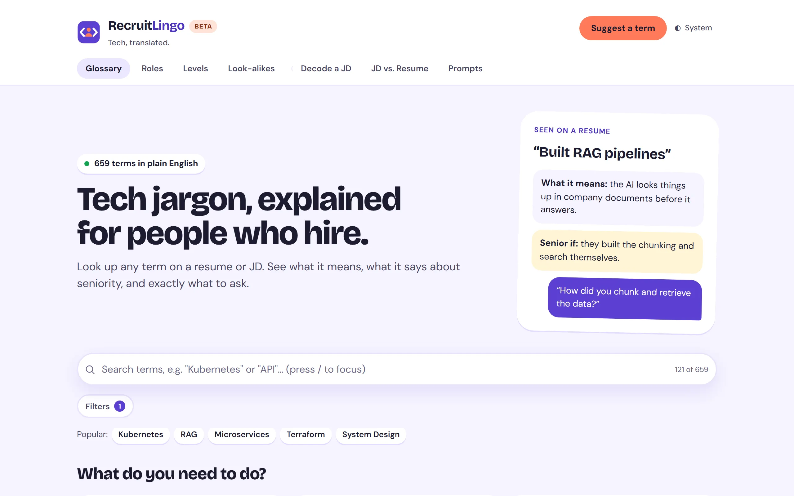 RecruitLingo's homepage, headed “Tech jargon, explained for people who hire.”